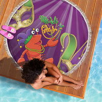 Purple Mardi Gras beach blanket with jester lobster graphic and decorative fringe border