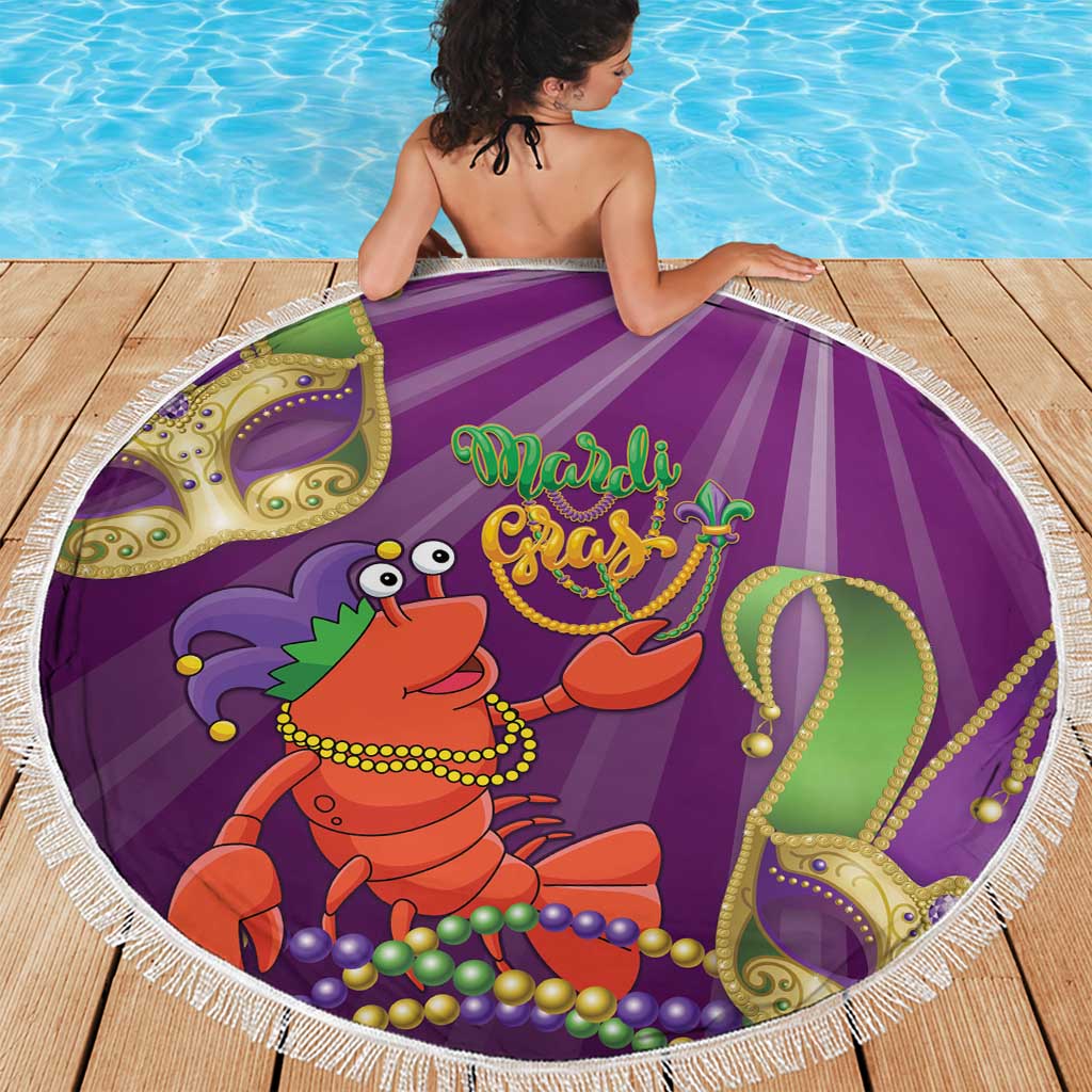 Purple round Mardi Gras beach blanket with jester lobster and Mardi Gras text center