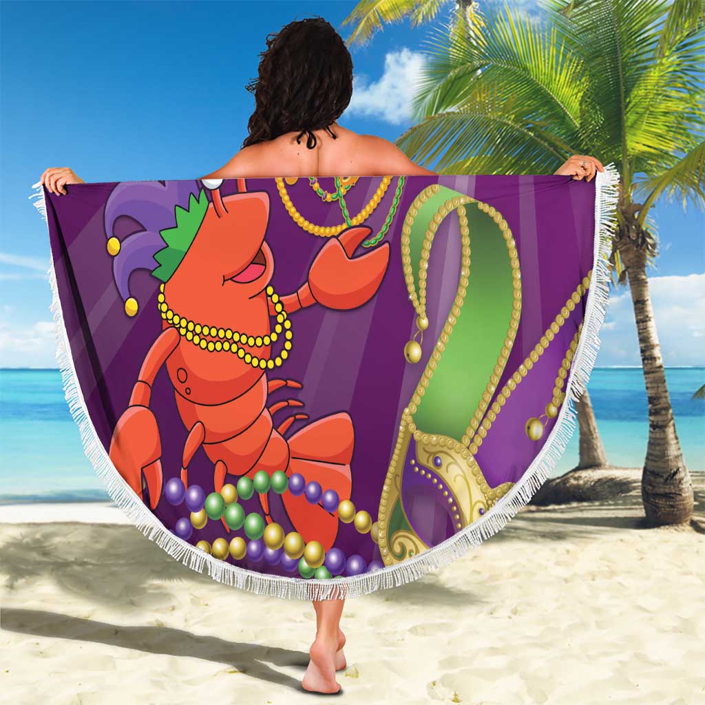 Purple Mardi Gras round beach blanket featuring jester lobster with beads, fringe trim