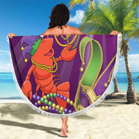 Purple Mardi Gras round beach blanket featuring jester lobster with beads, fringe trim