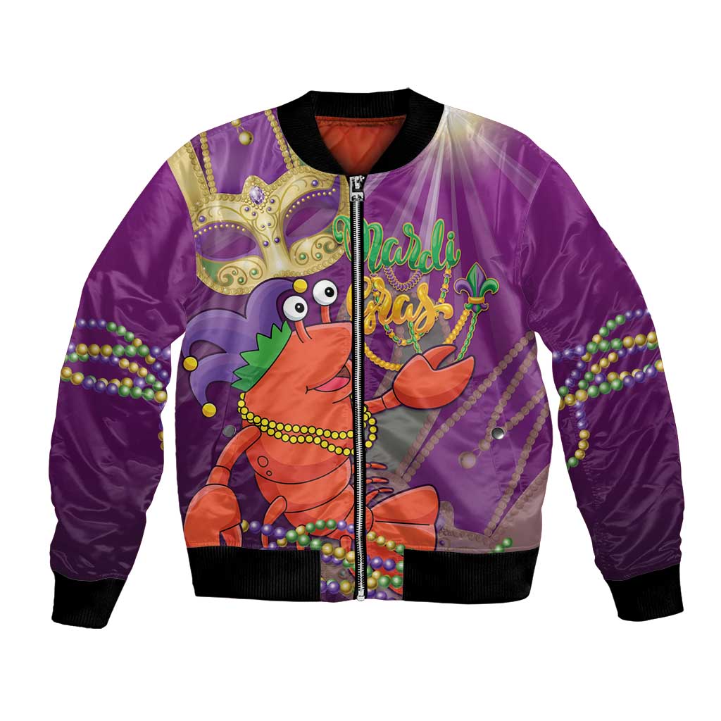Purple bomber jacket with zipper, cartoon jester lobster and bead garlands print