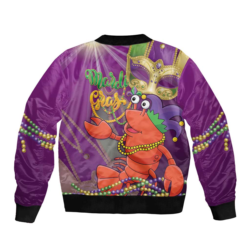 Purple bomber jacket with back graphic of cartoon jester lobster and Mardi Gras beads