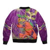 Purple bomber jacket with back graphic of cartoon jester lobster and Mardi Gras beads
