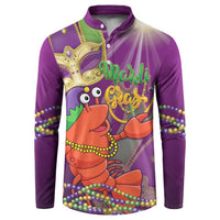 Purple button sweatshirt with jester-lobster Mardi Gras graphic and bead trim