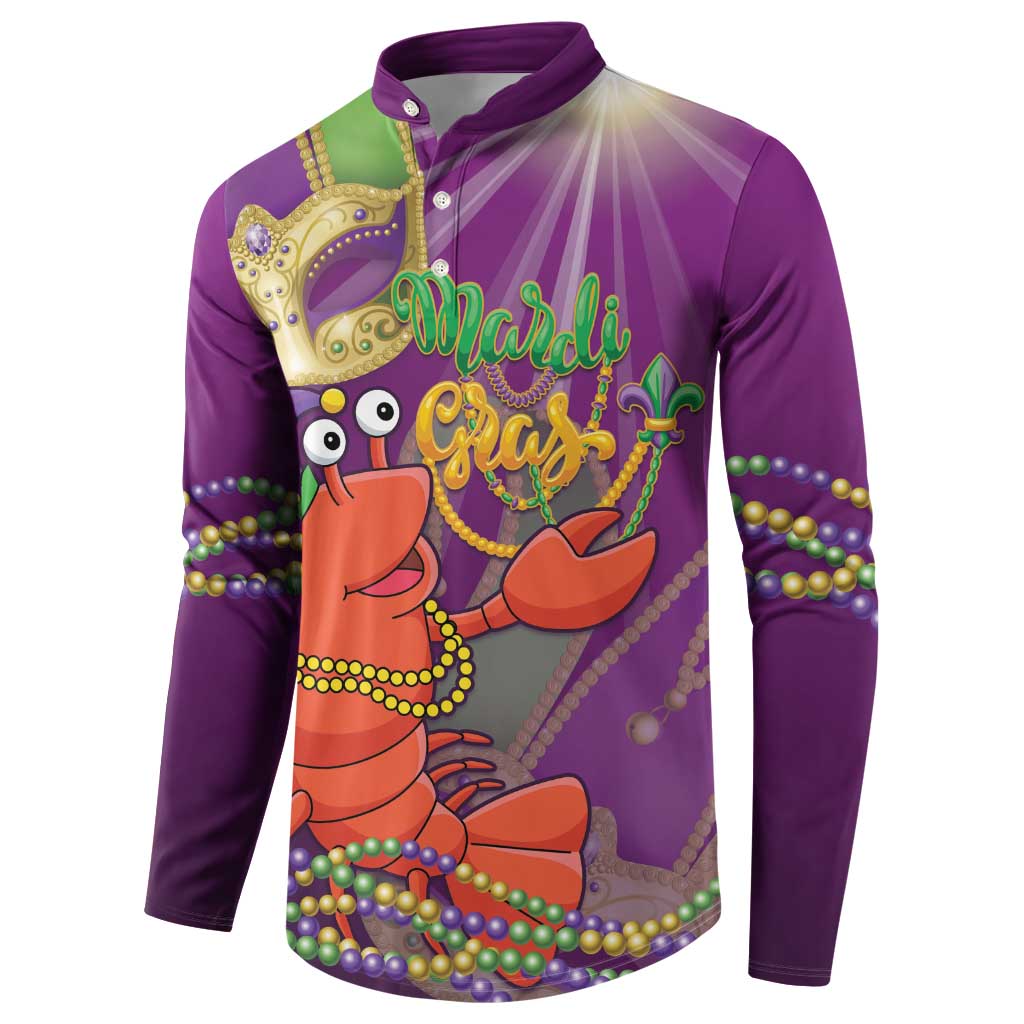 Purple long-sleeve button sweatshirt with front Mardi Gras jester-lobster graphic