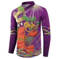 Purple long-sleeve button sweatshirt with front Mardi Gras jester-lobster graphic