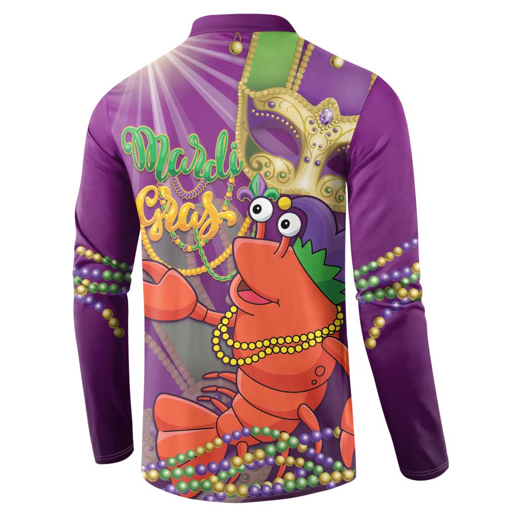 Purple long-sleeve button sweatshirt with back Mardi Gras jester-lobster graphic