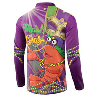 Purple long-sleeve button sweatshirt with back Mardi Gras jester-lobster graphic