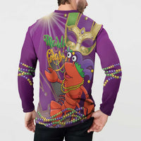 Purple back view button sweatshirt with Mardi Gras jester-lobster graphic and beads
