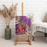 Purple lobster jester canvas wall art on easel, Mardi Gras lettering and bead details