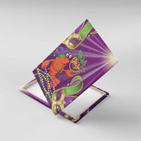 Purple Mardi Gras lobster jester canvas wall art angled view with green beads and masks