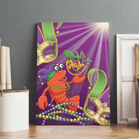 Purple Mardi Gras lobster jester canvas wall art with Mardi Gras text and fleur-de-lis masks