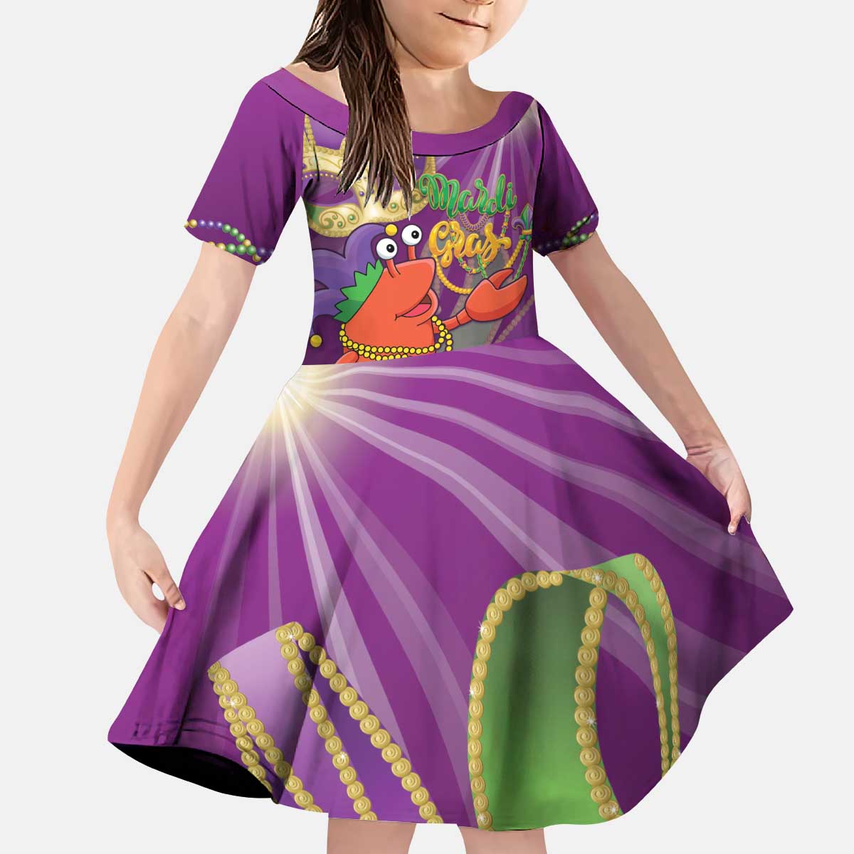 Mardi Gras 2025 Kid Short Sleeve Dress Funny Jester Lobster With Beads