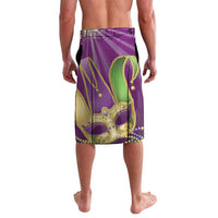 Purple sarong-style shorts with jester mask pattern and beaded trim detail