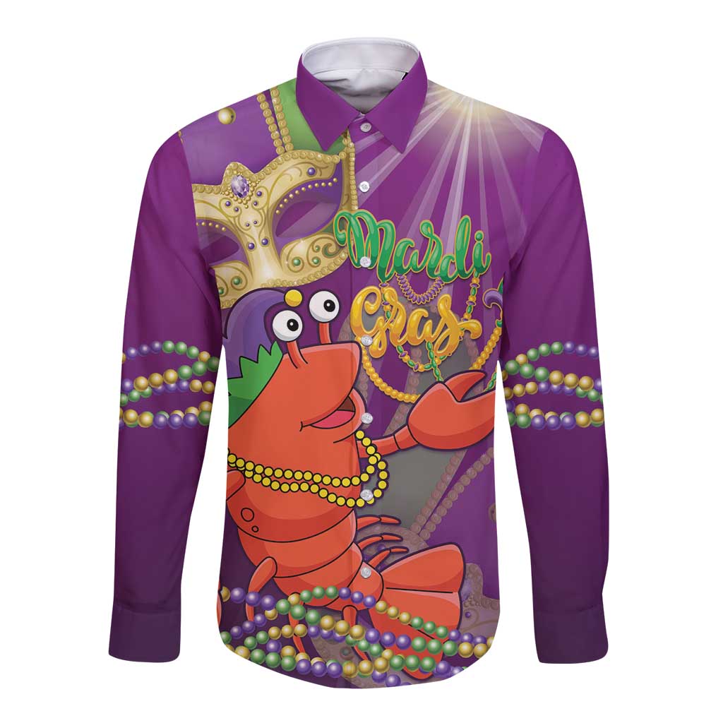 Purple long-sleeve button shirt with cartoon jester lobster and Mardi Gras beads