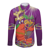 Purple long-sleeve button shirt with cartoon jester lobster and Mardi Gras beads