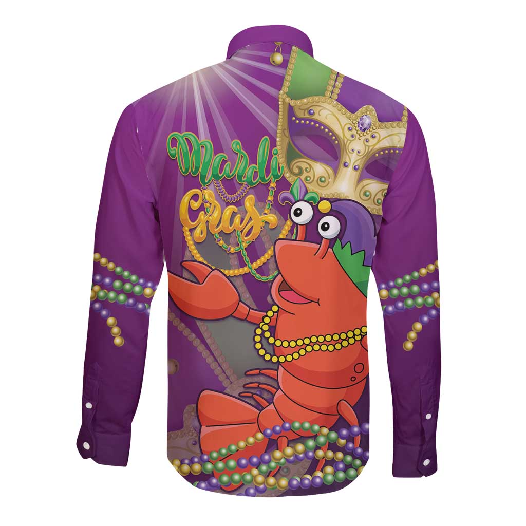 Purple long-sleeve button shirt with lobster jester graphic and colorful bead trim