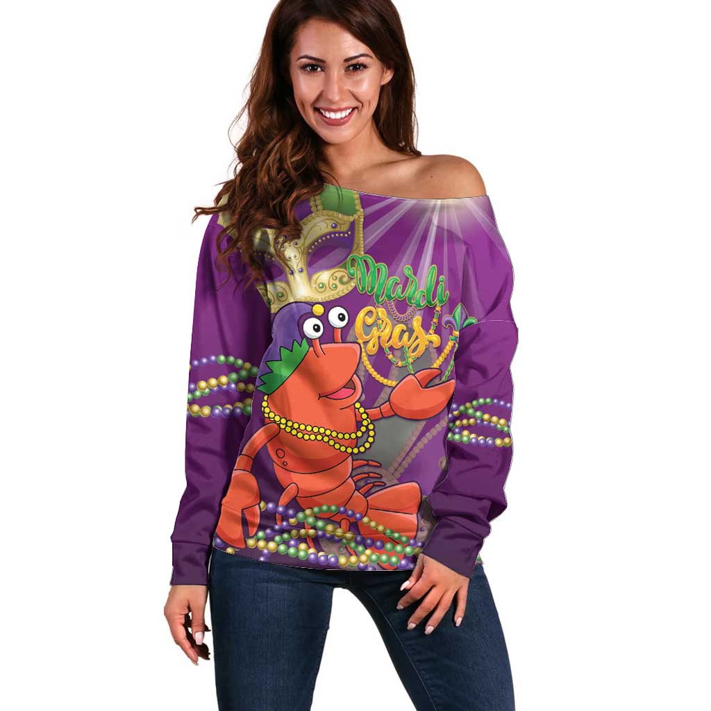 Mardi Gras 2025 Off Shoulder Sweater Funny Jester Lobster With Beads - Wonder Print Shop