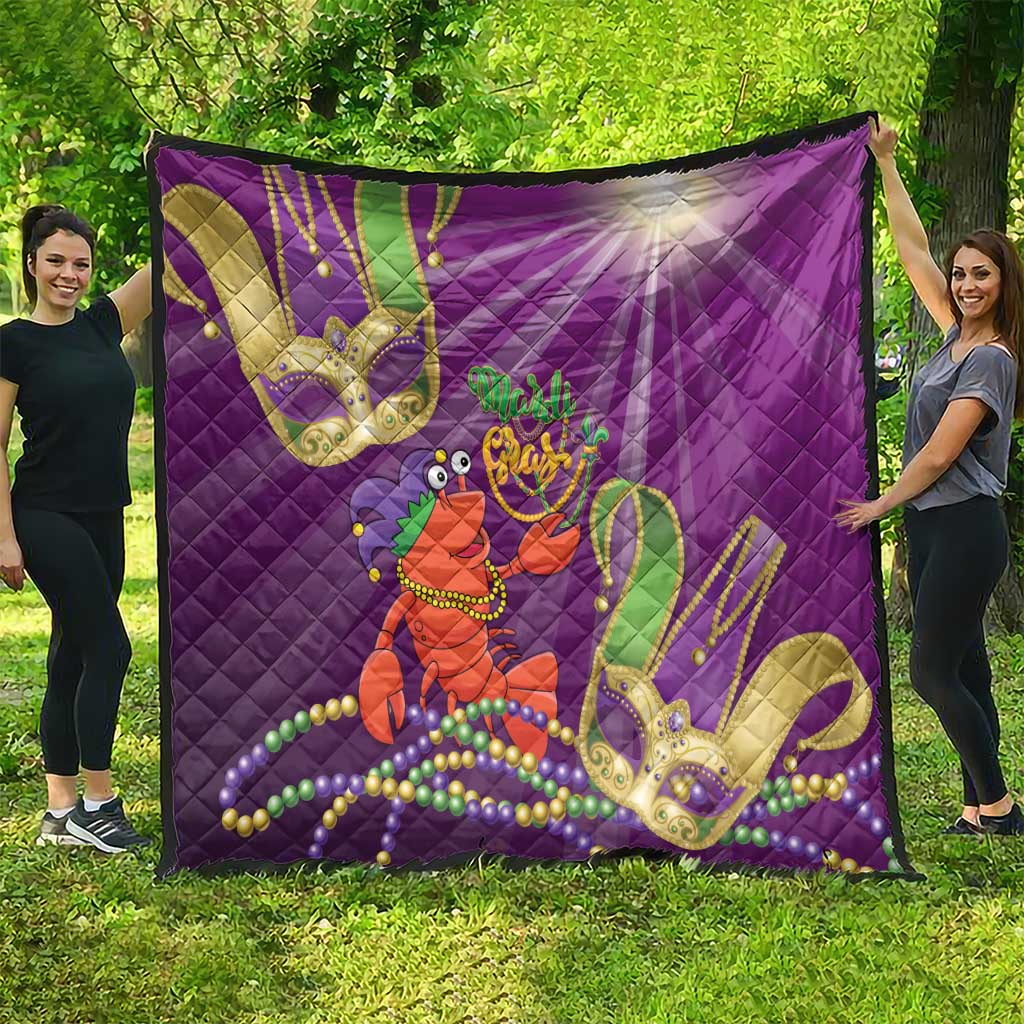 Purple Mardi Gras quilt with lobster jester, gold mask details, and bead strand accents