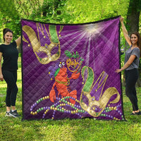 Purple Mardi Gras quilt with lobster jester, gold mask details, and bead strand accents