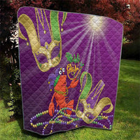 Purple quilt featuring jester lobster character with pearl bead strands and gold fleur-de-lis motifs