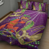 Purple quilt bed set featuring jester lobster graphic, masks, and colorful bead accents
