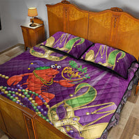 Purple quilt bed set with jester lobster motif, masks, and multicolor bead trim