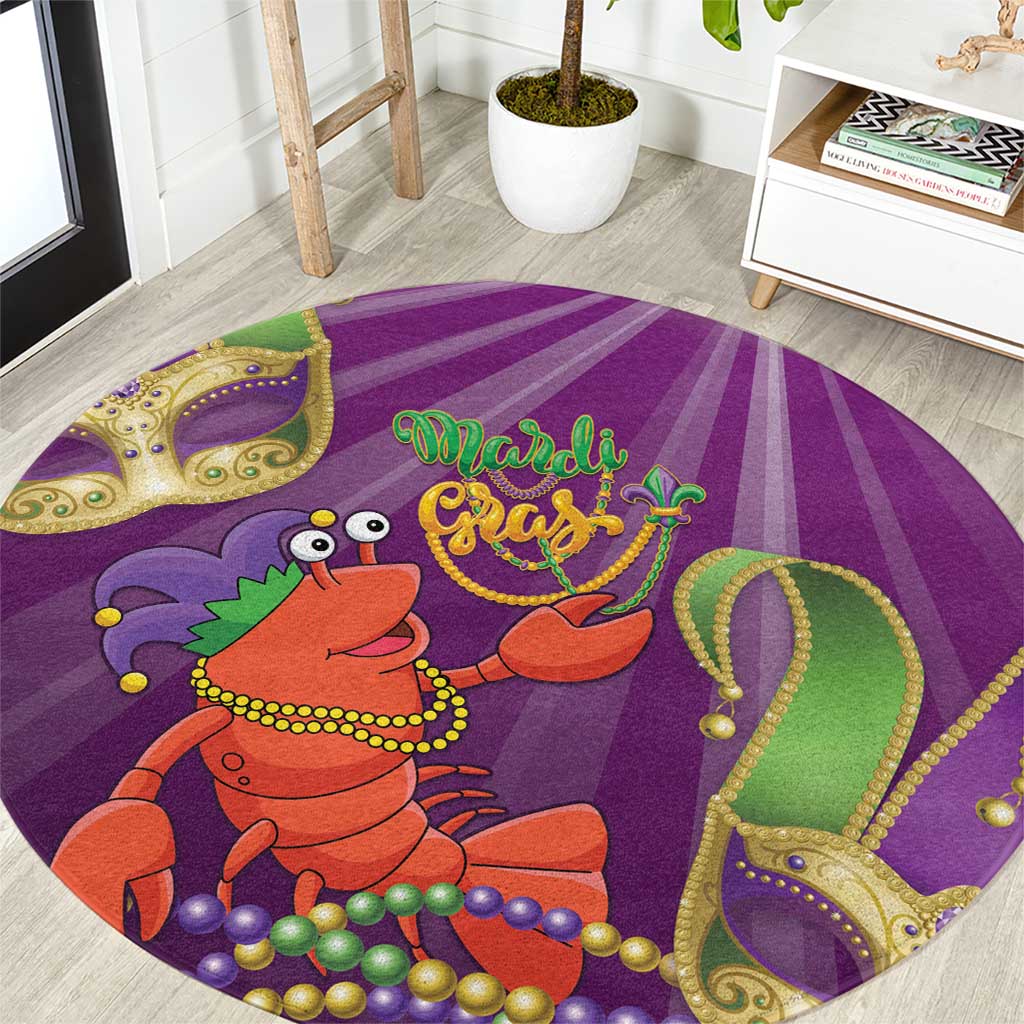 Purple round Mardi Gras jester lobster rug with beads and mask graphics