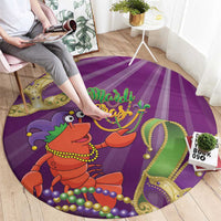 Purple round Mardi Gras lobster rug with colorful bead necklace and jester hat