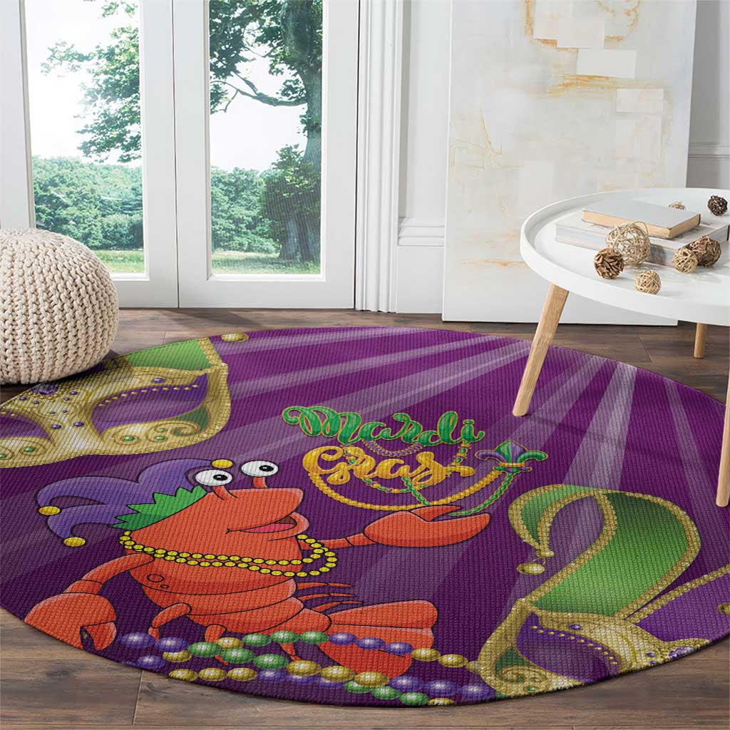 Purple round Mardi Gras lobster rug with jester character, beads, and mask design