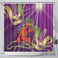 Purple shower curtain featuring cartoon jester lobster, Mardi Gras text, and pearl beads.