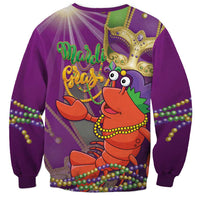 Purple sweatshirt with Mardi Gras jester lobster and bead garlands back print