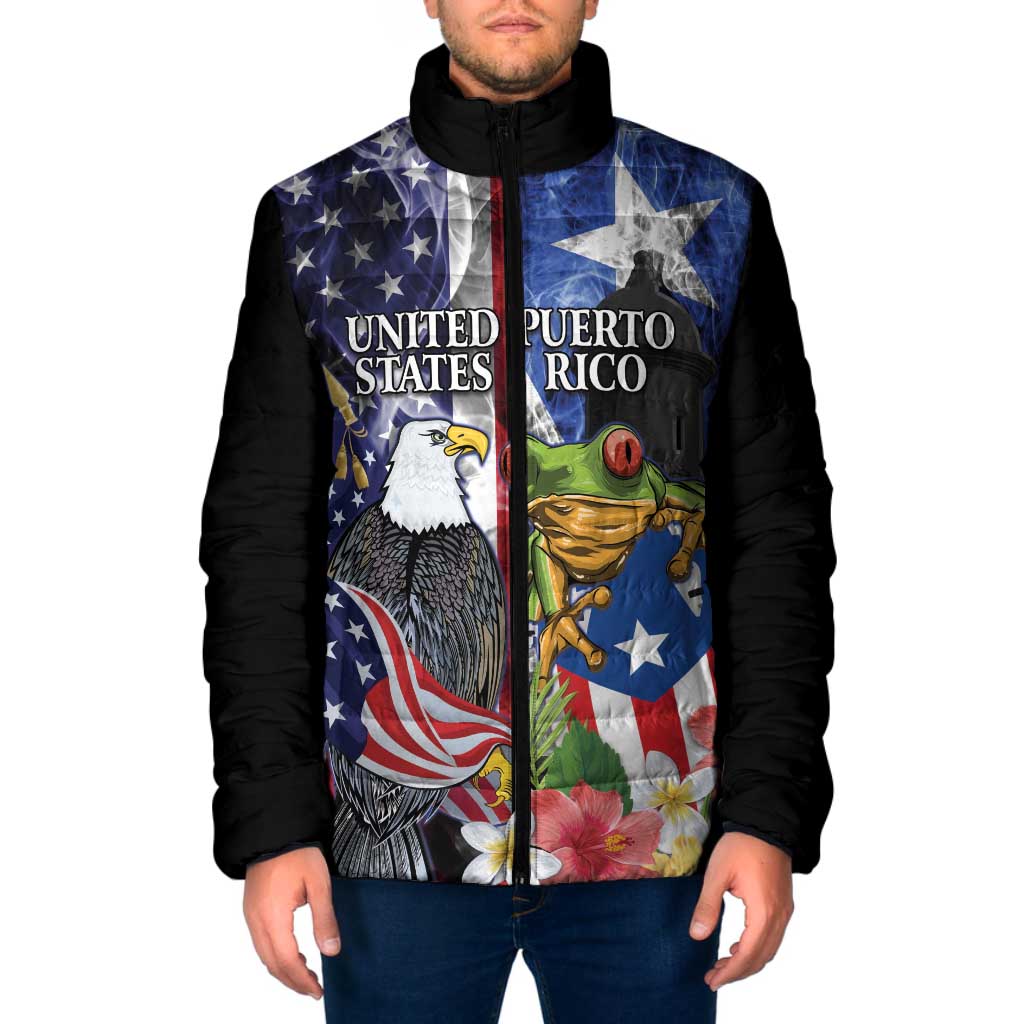 United States Puerto Rico Padded Jacket USA Eagle Coqui Drum Tropical Flowers - Wonder Print Shop