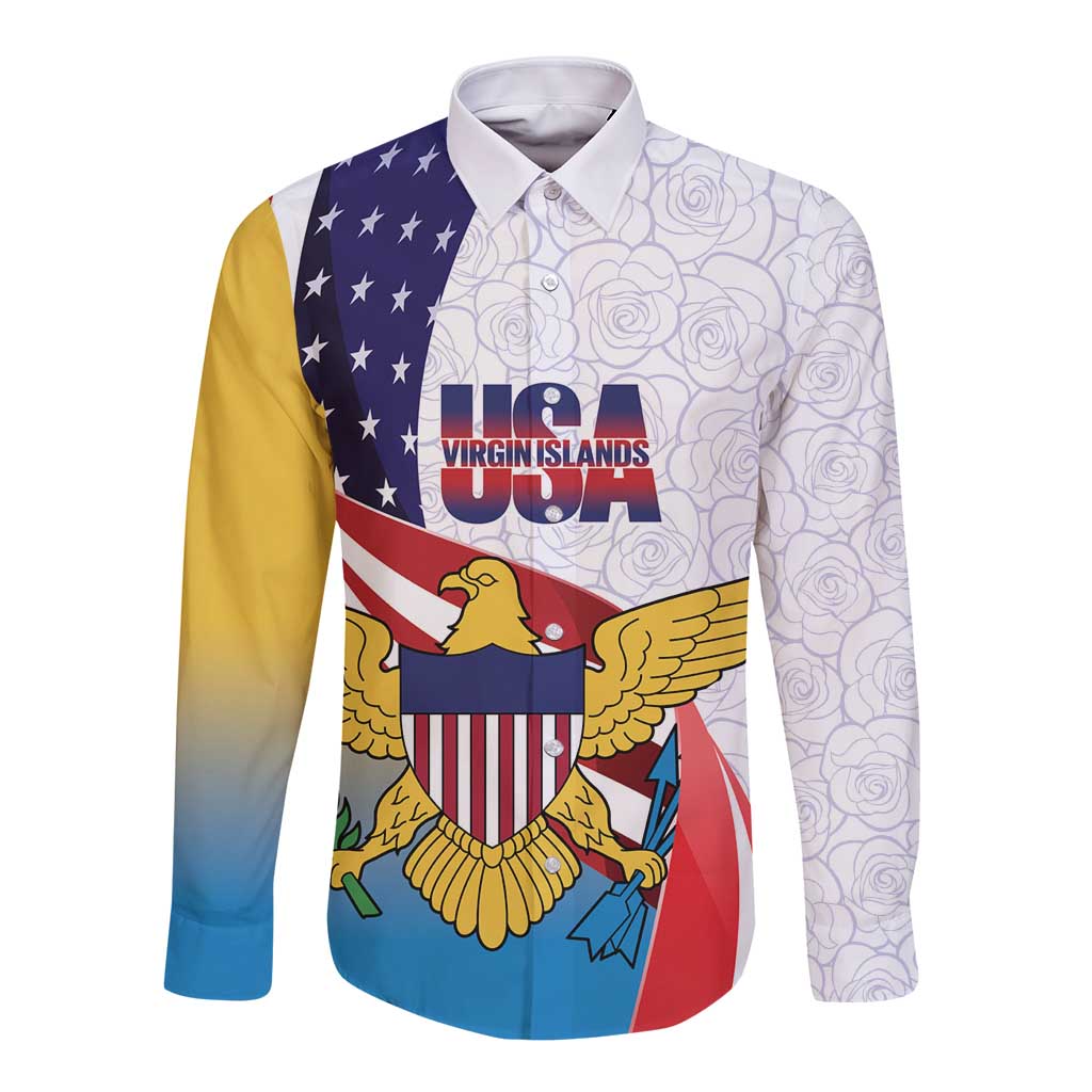 United States Virgin Islands Long Sleeve Button Shirt USA Curve Flag With Yellow Eagle - Wonder Print Shop