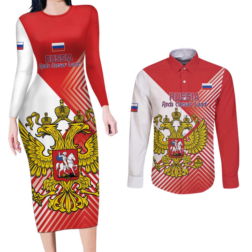 Custom Russia Volleyball Couples Matching Long Sleeve Bodycon Dress and Long Sleeve Button Shirt Reds Caesar Land Dynamic Style