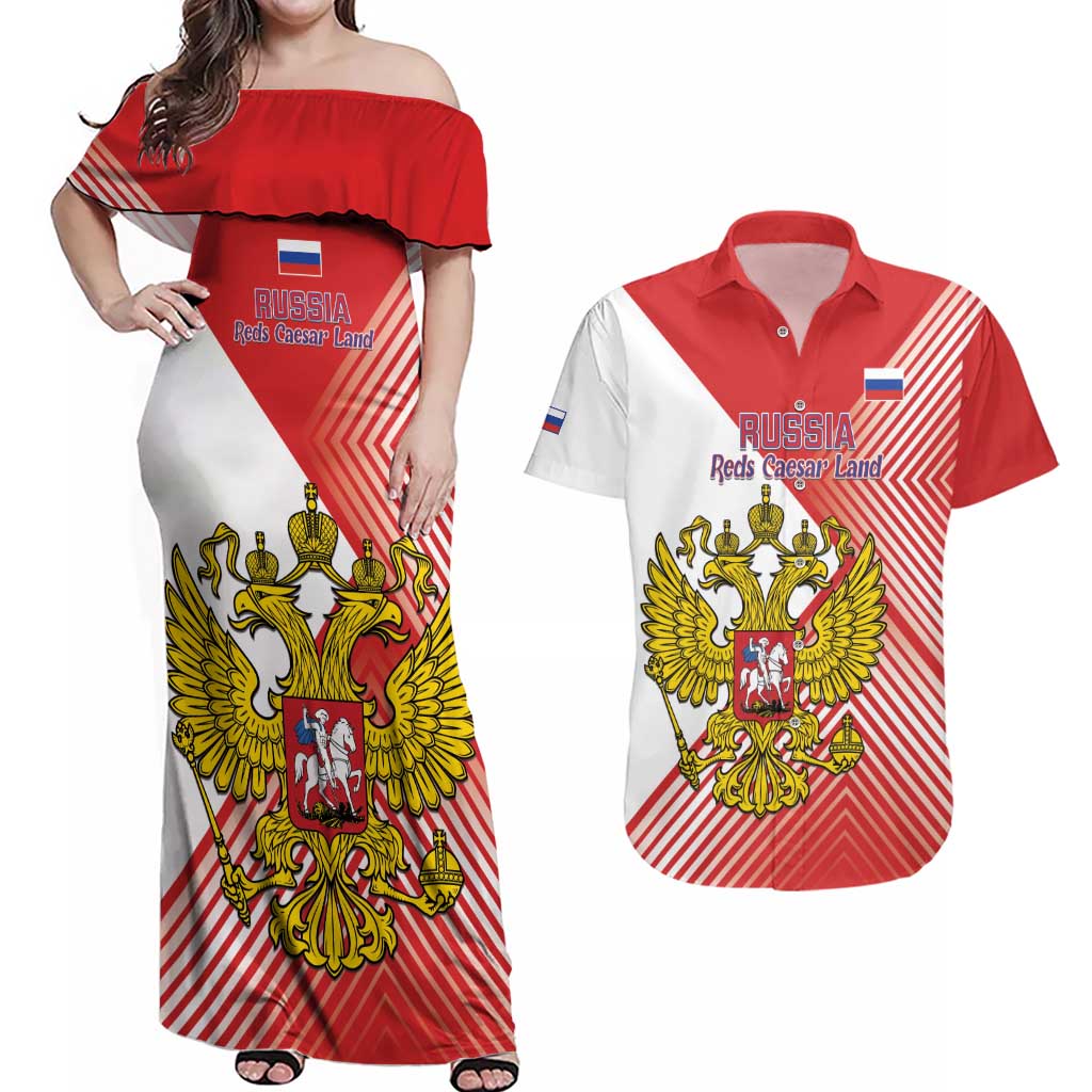 Custom Russia Volleyball Couples Matching Off Shoulder Maxi Dress and Hawaiian Shirt Reds Caesar Land Dynamic Style