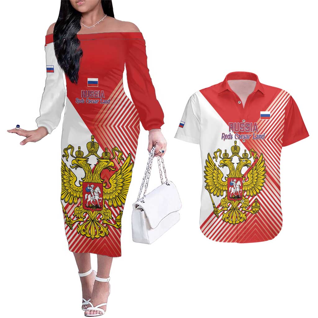 Custom Russia Volleyball Couples Matching Off The Shoulder Long Sleeve Dress and Hawaiian Shirt Reds Caesar Land Dynamic Style