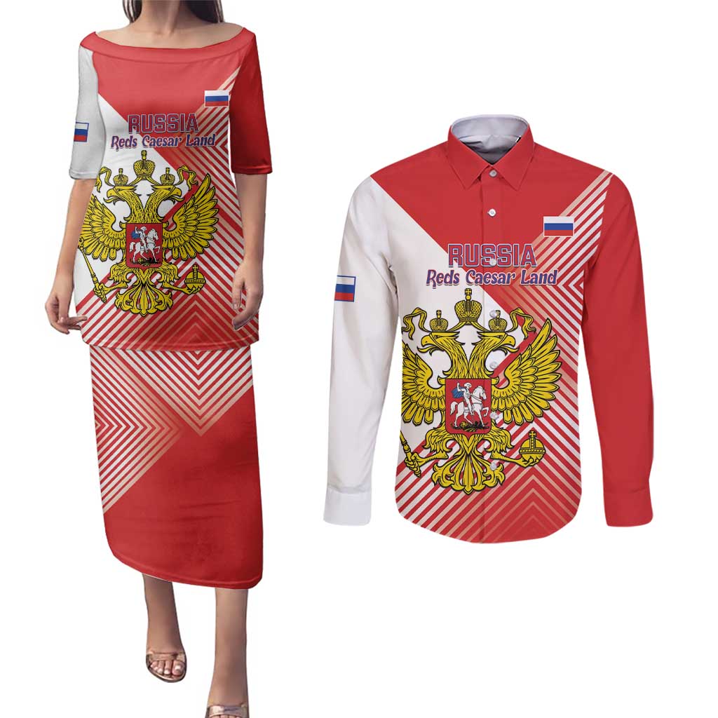 Custom Russia Volleyball Couples Matching Puletasi and Long Sleeve Button Shirt Reds Caesar Land Dynamic Style