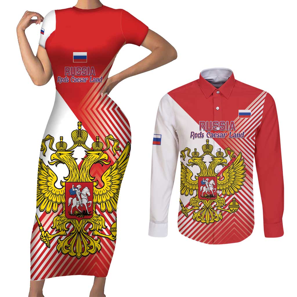 Custom Russia Volleyball Couples Matching Short Sleeve Bodycon Dress and Long Sleeve Button Shirt Reds Caesar Land Dynamic Style