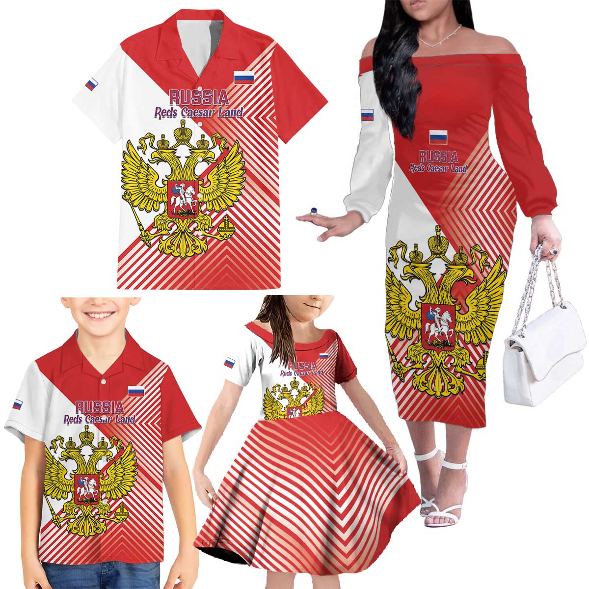 Custom Russia Volleyball Family Matching Off The Shoulder Long Sleeve Dress and Hawaiian Shirt Reds Caesar Land Dynamic Style