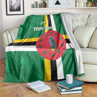 Green football blanket with Dominica flag stripes, bird emblem, red circle stars, custom text