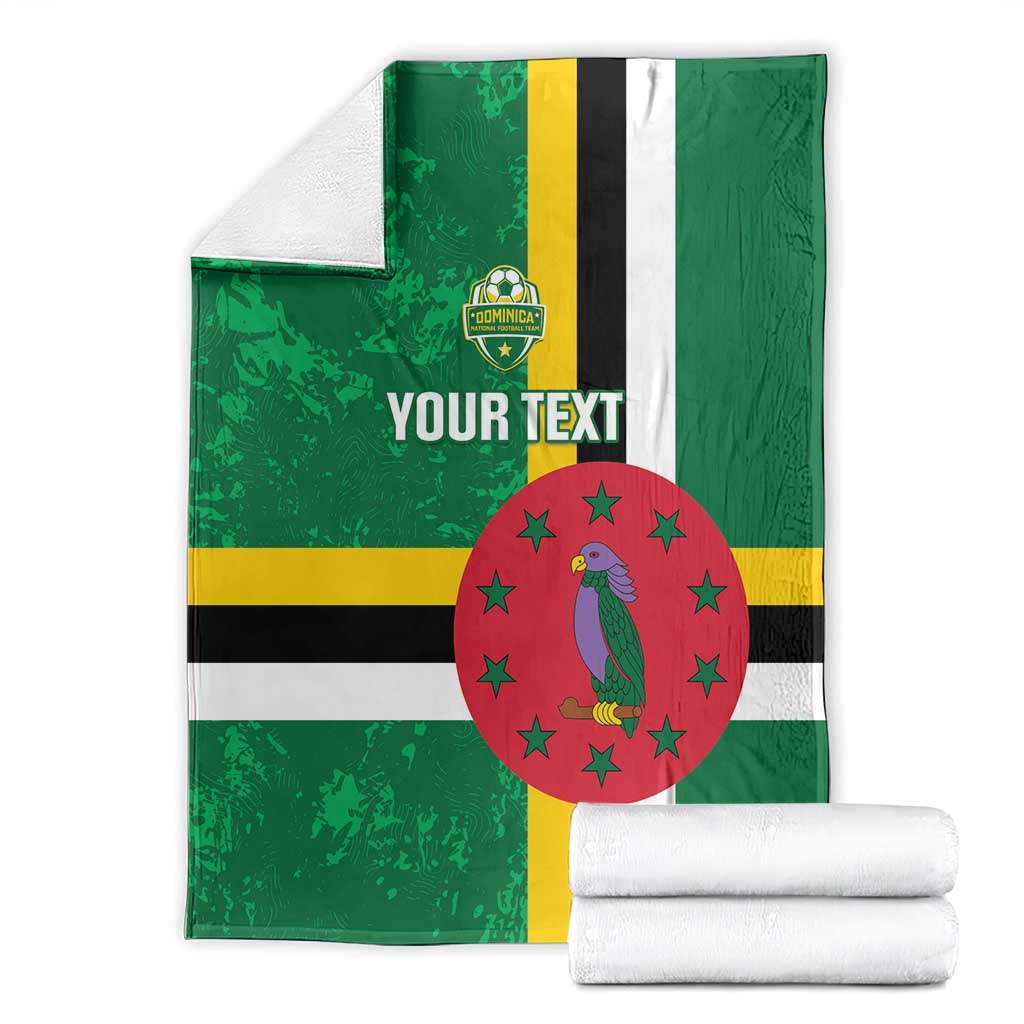 Green football blanket with Dominica flag stripes, bird emblem in red circle and custom text