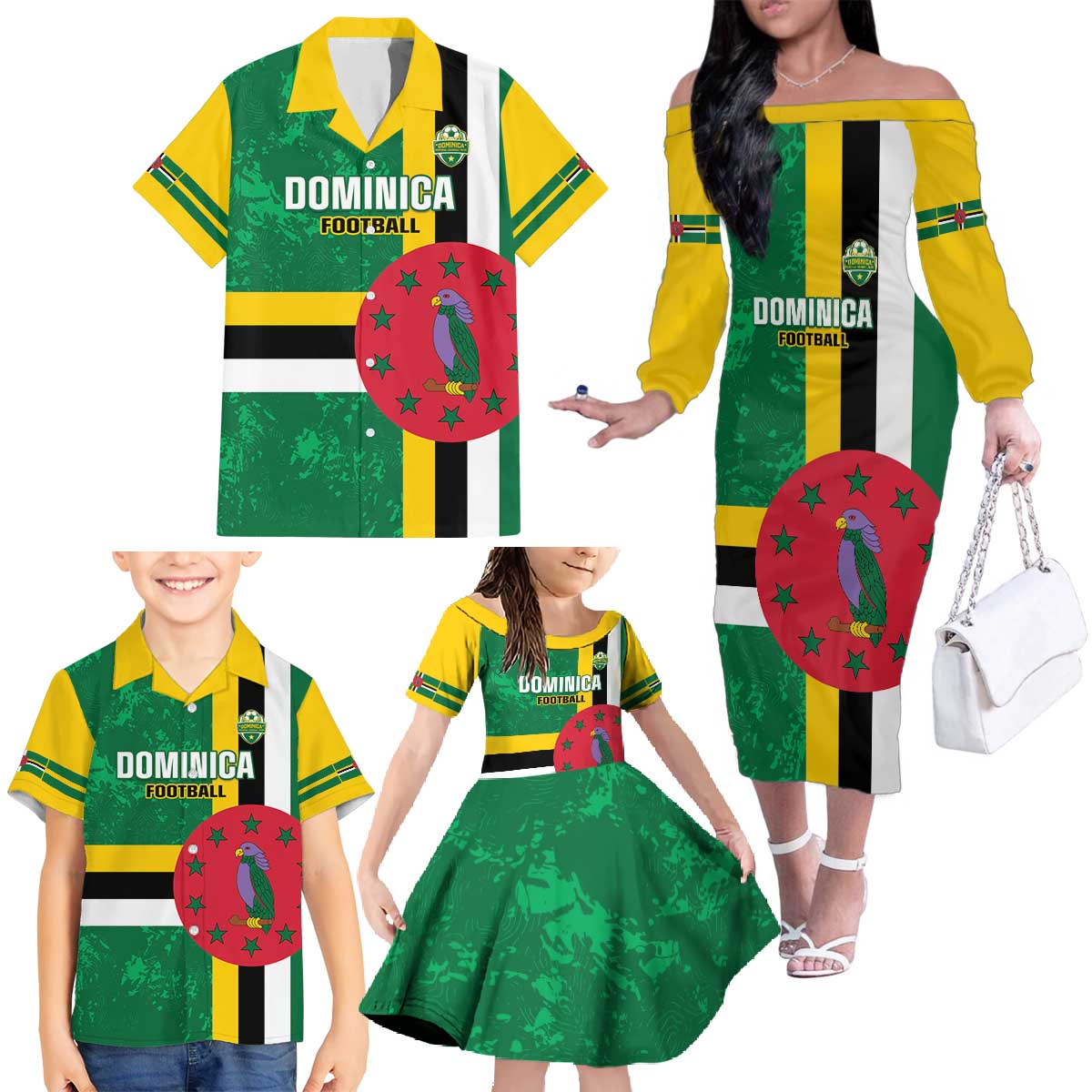 Custom Dominica Football Family Matching Off The Shoulder Long Sleeve Dress and Hawaiian Shirt 2025 Go Dominik