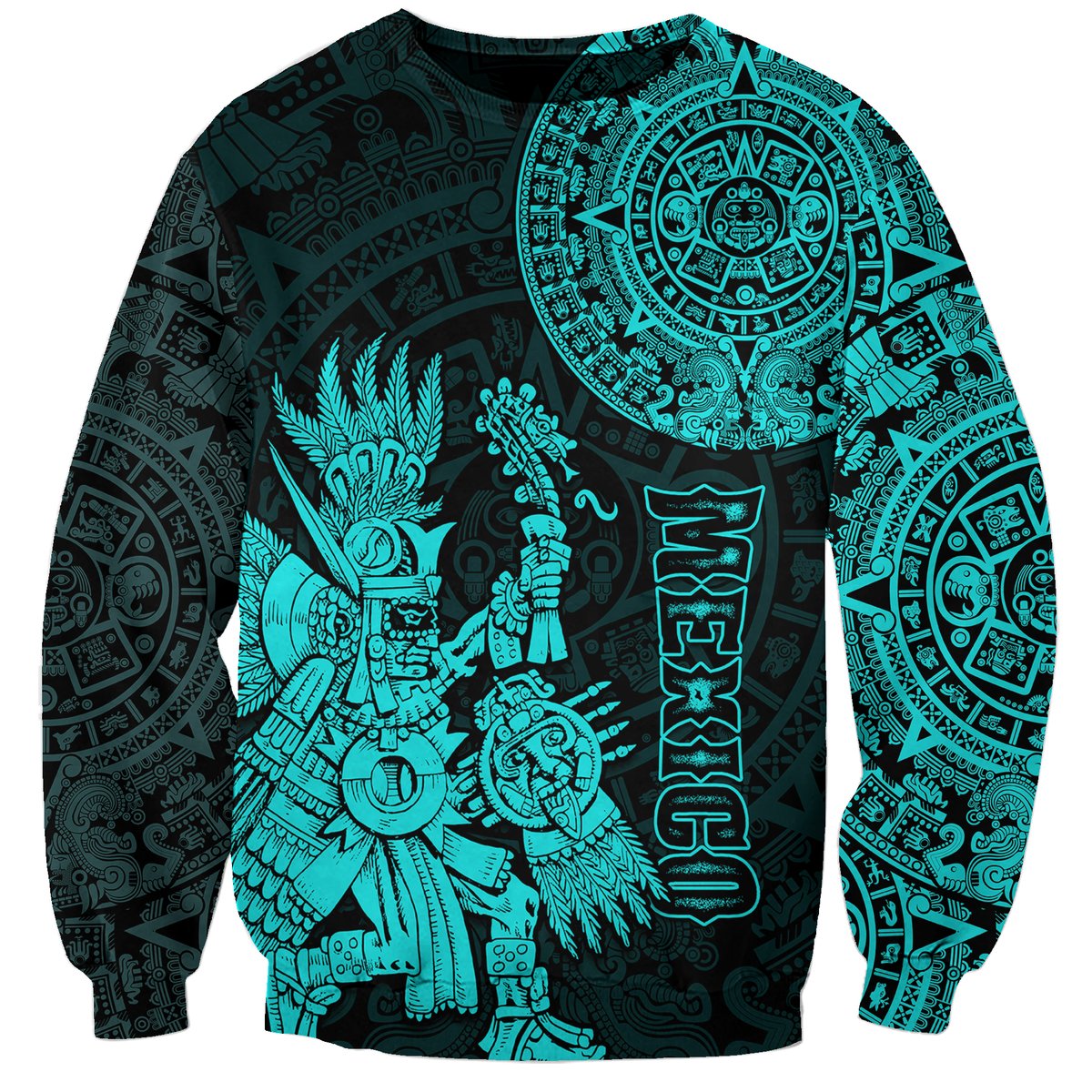 Turquoise and dark Aztec sweatshirt with Maya calendar and warrior graphic, crew neck