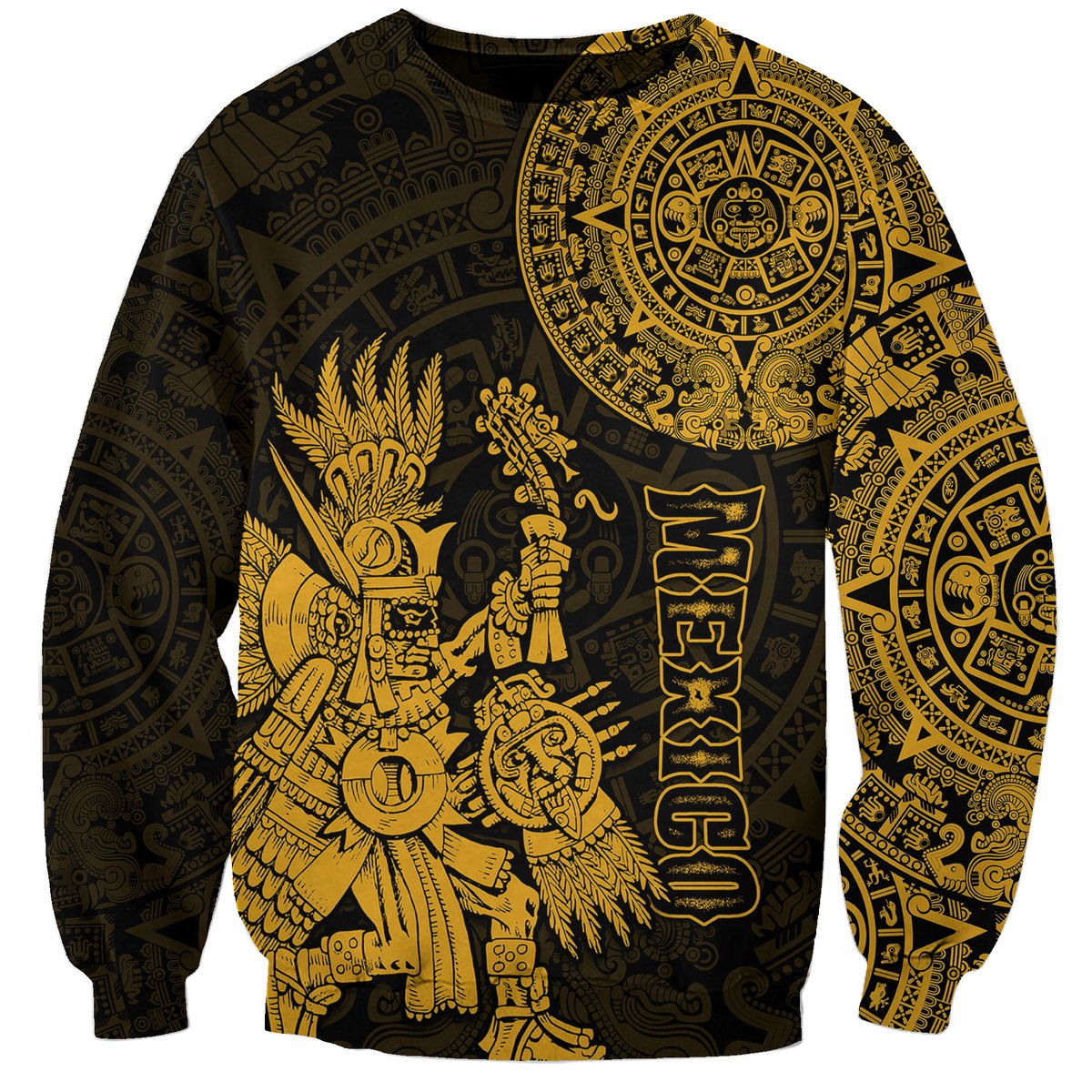 Unisex sweatshirt with bold gold Aztec-style graphic on dark background