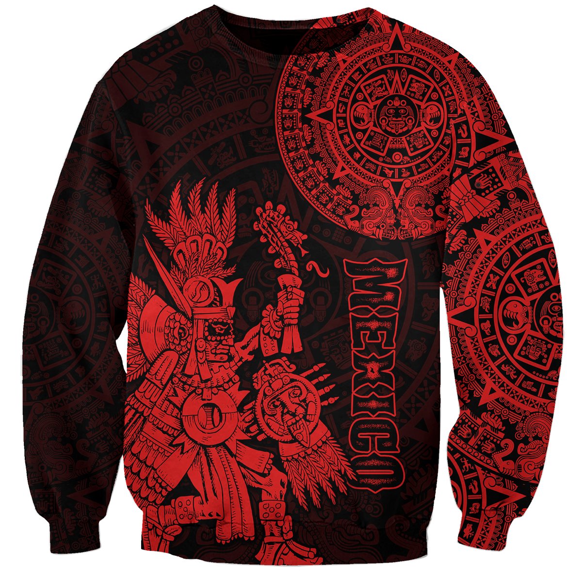 Unisex sweatshirt with red and dark Aztec-style graphic print, crew neck, long sleeves
