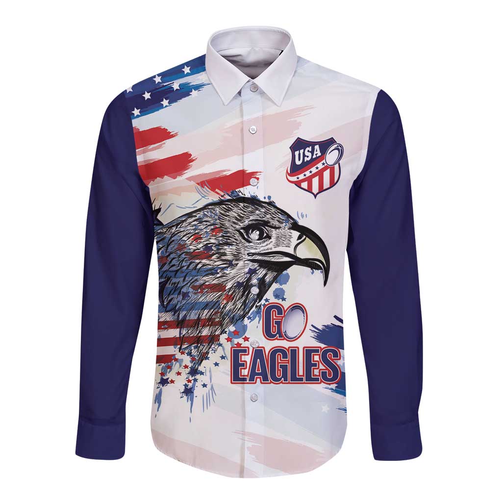 USA 2026 Rugby Custom Long Sleeve Button Shirt Go Eagle Brushes Style