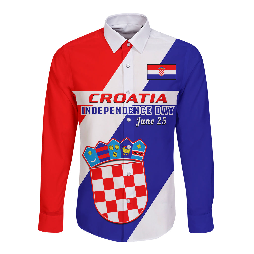 Long sleeve button-up shirt with red, white, and blue panels and Croatia graphic
