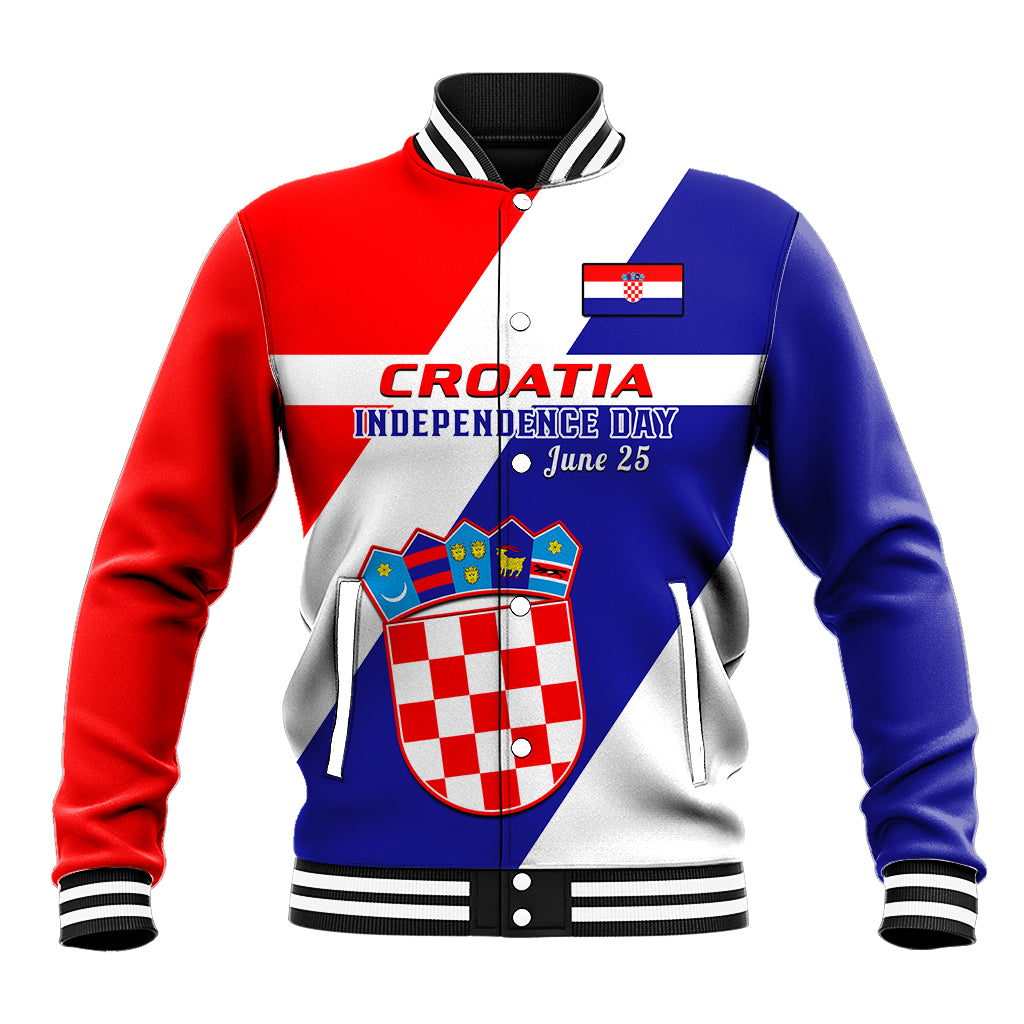 Red, white & blue baseball jacket; front zipper; striped ribbed collar