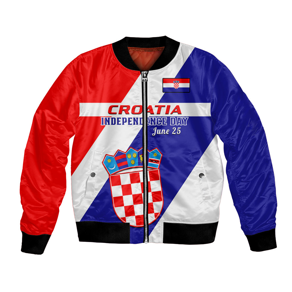 Red, white and blue bomber jacket with front zipper and Croatia crest graphic